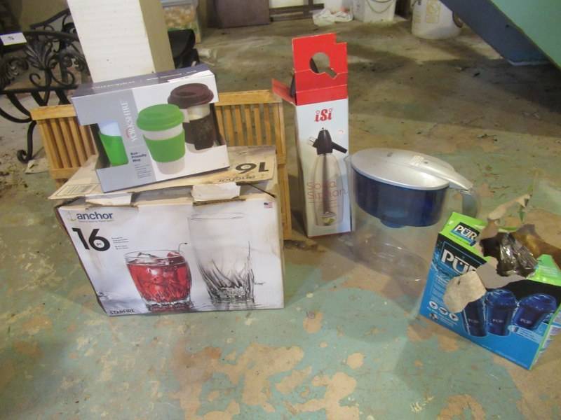 lot 75 image: KITCHENWARE INCLUDING ANCHOR 16 PIECE STARFIRE GLASS SET 8 12 OZ. GLASSES AND 8 17 OZ. GLASSES, PUR WATER FILTRATION SYSTEM  WITH EXTRA FILTERS AND ISI SODA SIPHON
