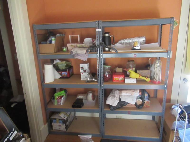 lot 80 image: 2 METAL SHELVES WITH CONTENTS MEASURE 36 X 18 X  72