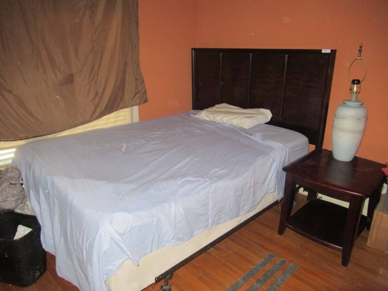 lot 84 image: QUEEN HEADBOARD 65 WIDE WITH MEMORY FOAM MATTRESS, NIGHT STAND 28 X 23 X 23 AND LAMP THAT IS 34 TALL NO LAMP SHADE