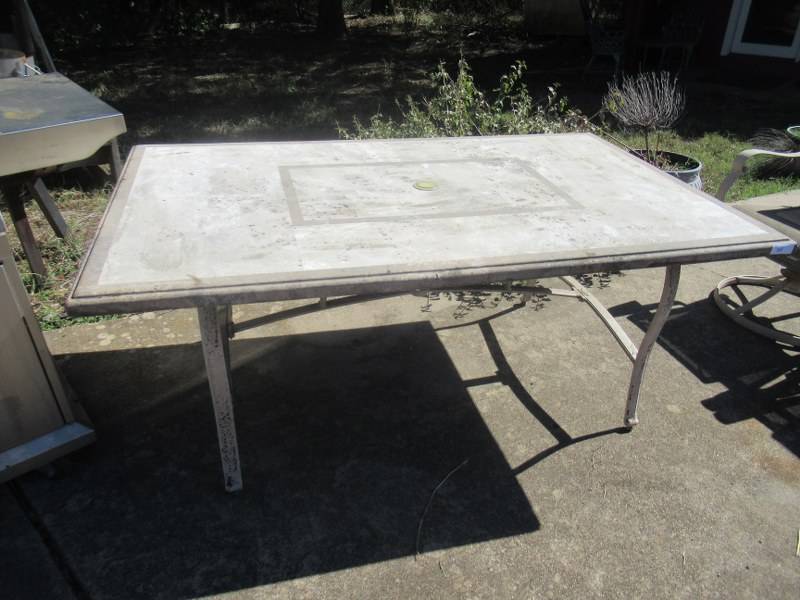 lot 101 image: HAMPTON BAY STONE VENEER GRAY SLATE TILE TOP OUTDOOR DINING TABLE 66 X 40 X 28