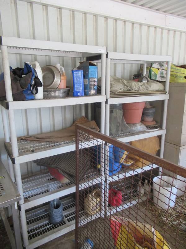 lot 109 image: 2 PLASTIC STORAGE SHELVES WITH CONTENTS