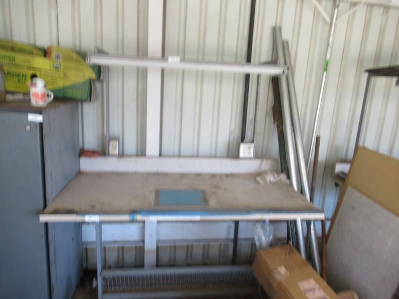 lot 111 image: 2 SHOP TABLES WITH FLORESCENT LIGHTS AND ELECTRICAL PLUGS BUILT IN MEASURE 60 X 33 X 36