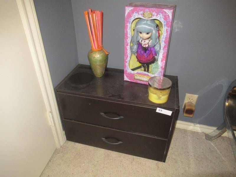 lot 113 image: WOOD NIGHTSTAND MEASURES 24 X 12 X 16, PULLIP NEO ANGELIQUE DOLL IN BOX AND MORE