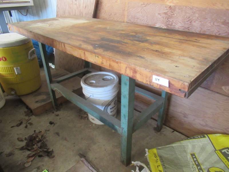 lot 119 image: METAL FRAME AND WOOD TOP SHOP TABLE 60 X 26 X 31 VERY STURDY