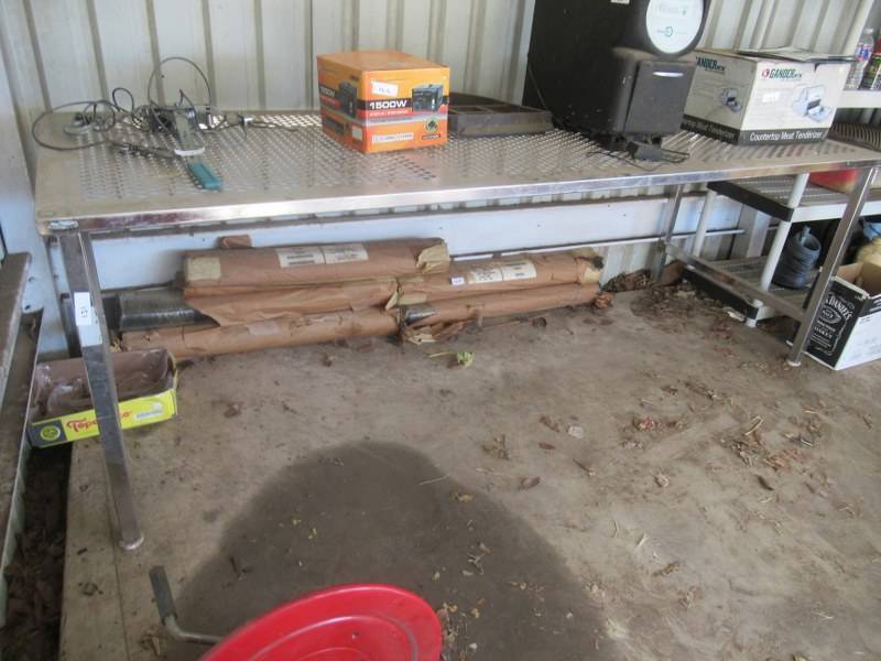 lot 131 image: STAINLESS STEEL WORK BENCH WITH SMALL CIRCLES MEASURES 96 X 34 X 32