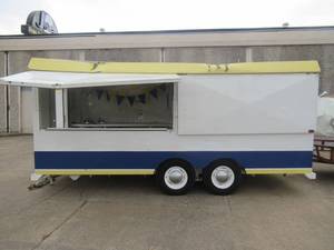 lot 30 image: SUPREME TRAILERS CONCESSIONEVENT TRAILER OPENS UP ON 5 SIDES, SINK WITH FAUCET, ICE HOLDER AND MORE. HAS SOME DAMAGE ON ONE WINDOW OPENING BUT CAN BE EASILY FIXED. 2 ELECTRICAL OUTLETS AND 1 FLOURESCENT LIGHT. 16FT. X 7FT 6 X 7FT BILL OF SALE ONLY