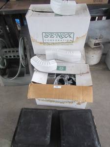 lot 48 image: 2 BOXES OF 30 SENOX CORP. ALUMINIUM 75 DEGREE 3 X 4 RAIN GUTTER ELBOWS AND 1 BOX OF 15 OFFSET 2 RAIN GUTTER PARTS