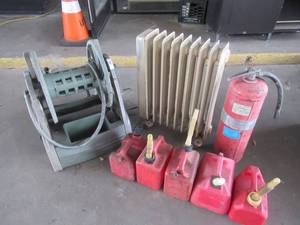 lot 55 image: THERMO-RADOR HEATER, AMES REEL EASY HOSE REEL, FIRE EXTINGUISHER AND 5 GAS CANS