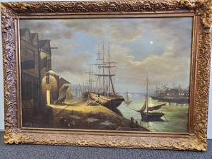 lot 117 image: Framed & Signed Ships in the Harbor Oil on Canvas