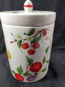 lot 133 image: Stone Life Lidded Fruit Motif Container