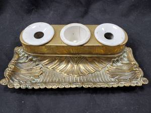 lot 135 image: Vintage Brass & Ceramic Ink Well