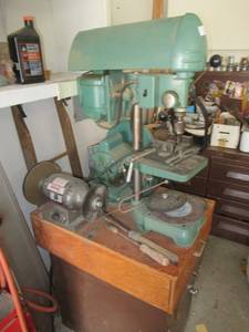 lot 5 image: INDUSTRIAL  MILITARY GRADE WORK STATION WITH DRILL PRESS, GRINDING WHEEL  TABLE SAW AND MARK 1 GRINDER MODEL# B-309. ALL SET UP ON WORK TABLE WITH ELECTRICAL PLUGS ON TABLE BASE. BASE IS 28 X 21 X 32 VERY NICE