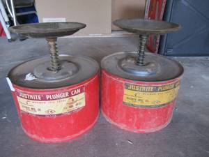 lot 34 image: 2 VINTAGE JUSTRITE PLUNGER CANS 12 GALLON CAPACITY