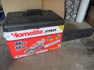 lot 35 image: HOMELITE PRO 18 CHAINSAW 46 CC NEVER REMOVED FROM CASE