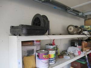 lot 41 image: CONTENTS OF 2 SHELVES INCLUDING INTER COMPRESSOR, GRINDER, AVANTI 5 38 CORDLESS CARBIDE SAW BLADE, QEP PROFESSIONAL 12 TILE CUTTER, BOXES OF NAILS, STONE PRO STONE CARE KIT, GENIE JET DRY WETDRY SHOP VAC 6 GALLOM 1.1HP AND MORE