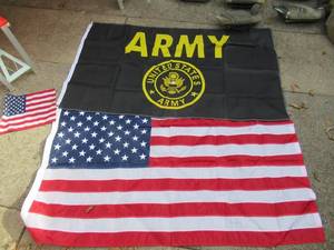 lot 44 image: AMERICAN FLAG, UNITED STATES ARMY FLAG AND SMALL CLIP ON AMERICAN FLAG THE 2 BIG FLAGS ARE 59 X 35