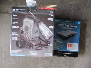 lot 55 image: CLAYBROOKE 5.5 BLACK AND WHITE TV  LANTERN AND ANALOG PASS THROUGH DTV CONVERTER BOX MODEL DTX9950