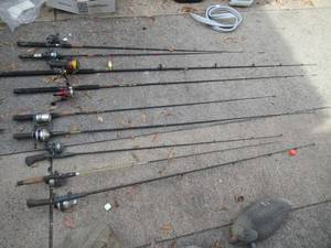 lot 57 image: ROD AND REEL COMBOS INCLUDING ABU GARCIA OPEN FACED REEL, ZEBCO CLOSED FACED REELS, SHAKESPEARE CLOSED FACED REELS, DIAWA SPINNING REELS AND SHAKESPEARE UGLY STICK RODS, GOLD COAST RODS AND MORE