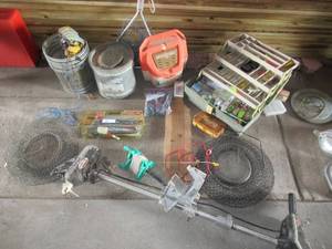 lot 61 image: FISHING SUPPLIES INCLUDING TACKLE BOX WITH TACKLE, MOTOROLA FR50 WALKIE-TALKIES, MINNOW BUCKETS, LANDING NET, AMERICAN ANGLER ELECTRIC 12VOLT FILLET KNIFE, SOLID STATE TROLLING MOTOR AND MORE