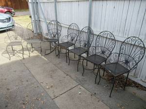 lot 70 image: 6 WROUGHT IRON CHAIRS AND 1 WROUGHT IRON ROCKING CHAIR MATCHES LOT 71