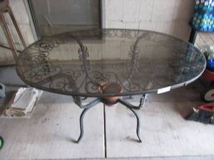lot 71 image: ORNATE WROUGHT IRON TABLE WITH GLASS TOP 36 X 48 X 28 12 MATCHES LOT 70