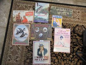 lot 93 image: 8 REPRODUCTION TINS INCLUDING UNCLE SAM, CAT ON THE HOT TIN ROOF, ROSIE THE RIVETER, HUNTERS HIDE AWAY SIGN, WRIGHT & MCGILL FISHING SIGN, 2 WINCHESTER SIGNS AND DR. PEPPER SIGN