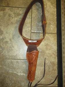 lot 101 image: CUSTOM LEATHER PISTOL BELT ADJUSTABLE WITH LEG TIE OFF NEVER USED