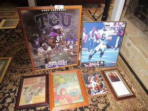 lot 107 image: SPORTS ART INCLUDING REPO 2005 ORANGE BOWL GAME PICTURE, 2005 ROSE BOWL GAME PICTURE, HAKEEM OLAJUWON SIGNED PICTURE, VINCE LOMBARDI PLAQUE, TROY AIKMAN PICTURE AND TCU PICTURE