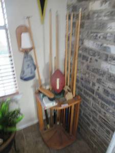 lot 115 image: POOL TABLE ACCESSORIES STATION INCLUDES 6 VALLEY STICKS , CHALK, CHEATER STICK, BRUSH, FELT FIXER KIT AND FOOTBALL THAT DOES THE SONG TO FOXS NFL SUNDAY SHOW