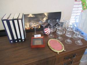 lot 121 image: THOMAS MERTON BOOKS 4 VOLUMES IN A SERIES, 2 PICTURE FRAMES, USA CHRISTMAS BALL AND CRYSTAL GLASSES WITH THE LETTER K ON THEM