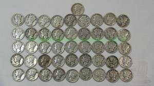 lot 75 image: Silver pre 1965 Mercury dimes, conditions vary per lot, 45 count