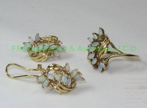 lot 91 image: 14K Gold, Opal, Diamond, matching earring and ring Suite