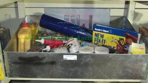 lot 15 image: Assorted HVAC chemicals, adhesives and lubricants plus metal storage bin