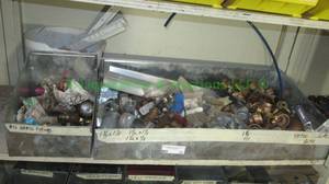 lot 33 image: Assorted copper fittings, hardware plus metal storage bins