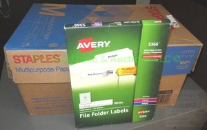 lot 526 image: Staples 8.5 x 11 copy paper and Avery file folder labels