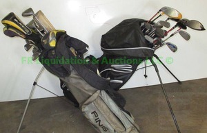 lot 142 image: Assorted golf clubs, balls, 2 bags including Spalding, Wilson