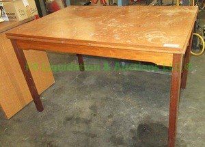 lot 209 image: Oak veneer slide leaf table, top needs refinished, 87 x 32 x 29