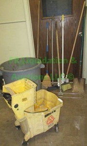 lot 269 image: Brute mop bucket, brooms, and more