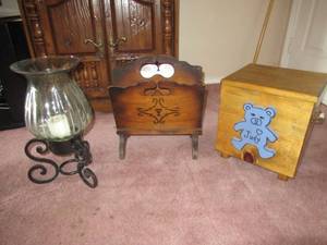 lot 19 image: LARGE CANDLE MATAL AND GLASS 17, WOOD MAGAZINE RACK 14 X 10 AND SMALL WOOD HOMEMADE OTTOMAN 12 X 14