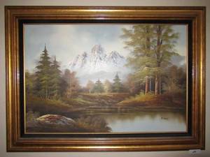 lot 24 image: J. WOODY OIL PAINTING OF MOUNTAIN SCENCE PROFESSIONALLY FRAMED 44 X 32