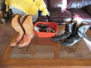 lot 42 image: NOCONA OSTRICH BOOTS SIZE 11, JUSTIN ROPERS SIZE 11 12 (EXCELLENT CONDITION) AND BOOT CLEANING KIT