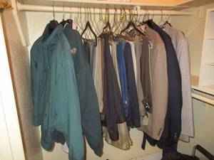 lot 47 image: MENS SPORTS COATS SIZE 50R, DRESS SLACKS AND BLUE JEANS SIZE 44, LONDON FOG JACKET XL AND ST. JOHNS BAY JACKET XL