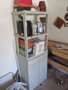 lot 76 image: KETER PLASTIC STORAGE CABINET AND CONTENTS 26 X 18 X 70