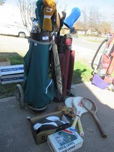lot 94 image: SPORTING GOOD LOT INCLUDING 2 GOLF BAGS WITH CLUBS, FOOT JOY SIZE 11 GOLF SHOES, BASEBALL GLOVE TENNIS RACKETS AND MORE