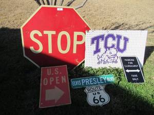 lot 103 image: STOP SIGN, U.S. OPEN SIGN, ELVIS PRESLEY BLVD. SIGN, ROUTE 66 SIGN, AND TCU PEG BOARD AND EARNHARDT FAN SIGN