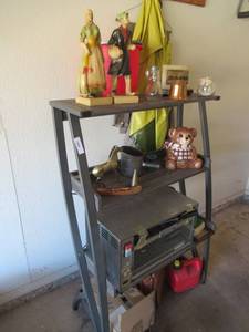 lot 120 image: DECROTIVE 3 TIER SHELF 35 X 16 X 52 WITH CONTENTS INCLUDING CERAMIC FIGURES, LAST SUPPR CANDLE, CERAMIC COOKIE JAR, TOASTER OVEN AND MORE