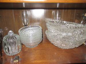 lot 126 image: ASSORTED GLASSWARE DRINKING GLASSES, PITCHERS, LANTERN, CANDY DISHES AND MORE