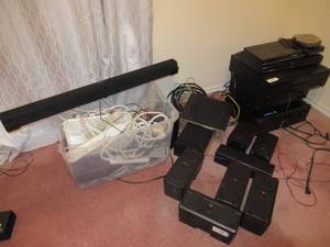 lot 153 image: PANASONIC BLUE RAY PLAYER 3D FULL HD, TOSHIBA DVD PLAYER SD2900, ONKYO AC RECIEVER HT-R510, SONY AUDIOVIDEO CONTROL CENTER, KENWOOD COMPACT DISC PLAYER, KENWOOD 4 SPEAKER AND OPTIMUS 3 SPEAKER SURROUND SYSTEMS AND MORE
