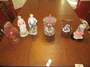 lot 174 image: MUSICAL CAROUSEL, DOLL IN CHAIR, CERAMIC FIGURES, GIOVANNI CERAMIC FIGURE ON BASE AND PINK GLASS GLOBE