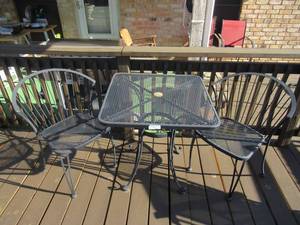 lot 188 image: BISTRO PATIO SET WROUGHT IRON PATIO TABLE AND 2 CHAIRS TABLE IS 28 X 28 X 29